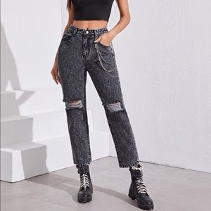 Shein High Rise Waisted Tapered Leg Snowflake Distressed Denim Jeans Small 4